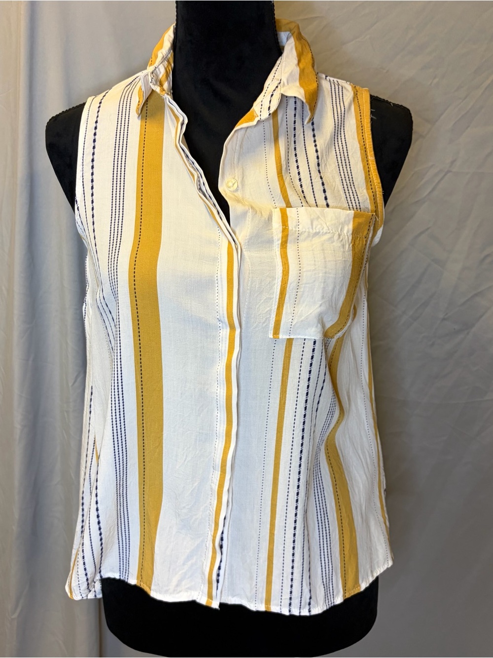 Love Notes Sleeveless Button-Down Top in Mustard & White with Navy Stripes